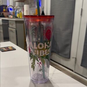 Aloha Vibes Floral Tumbler with Straw - Red and Green